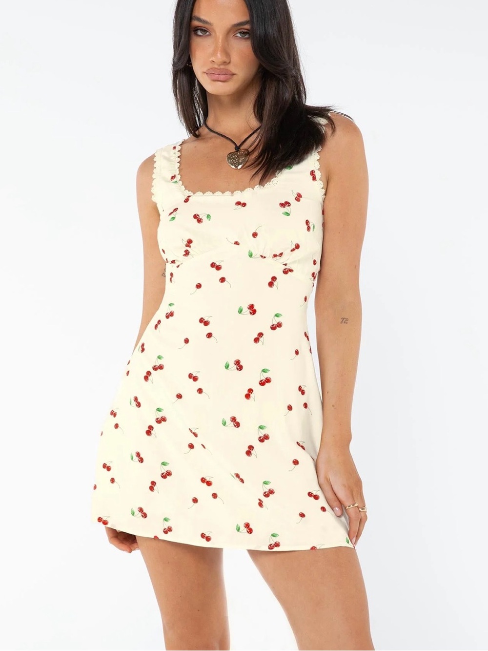 Princess Polly Cream Mini Dress with Red Cherry Print